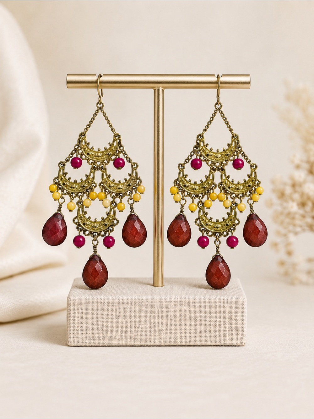 Boho Chandelier Earrings Gold Tone Pink Yellow Beads Faceted Teardrop Dangles